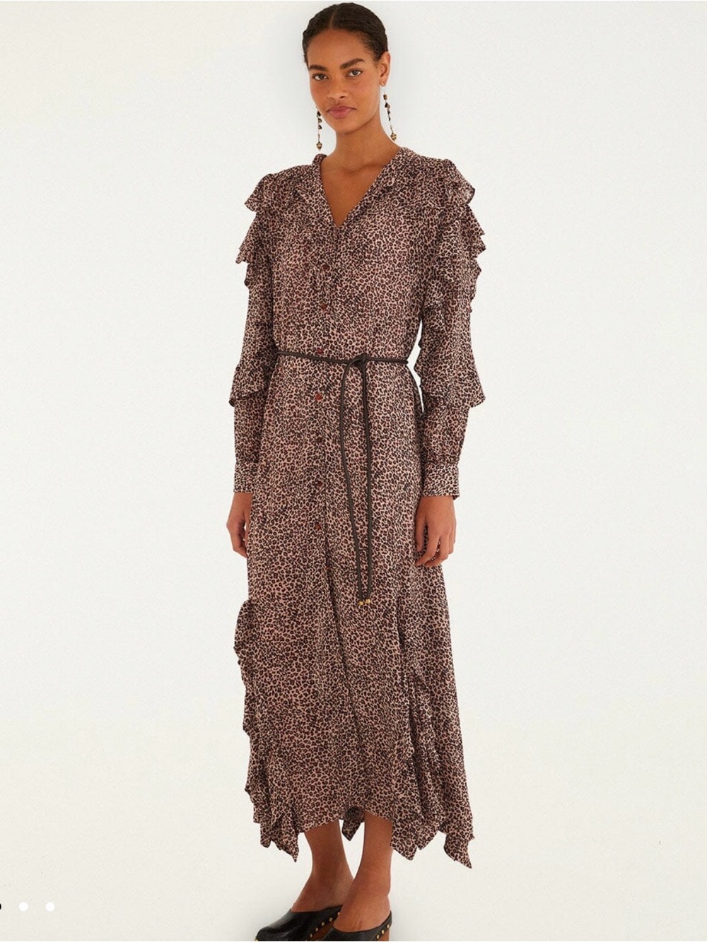 Farm Rio Long Sleeve Pink Leopard Print Ruffle Maxi Dress Large